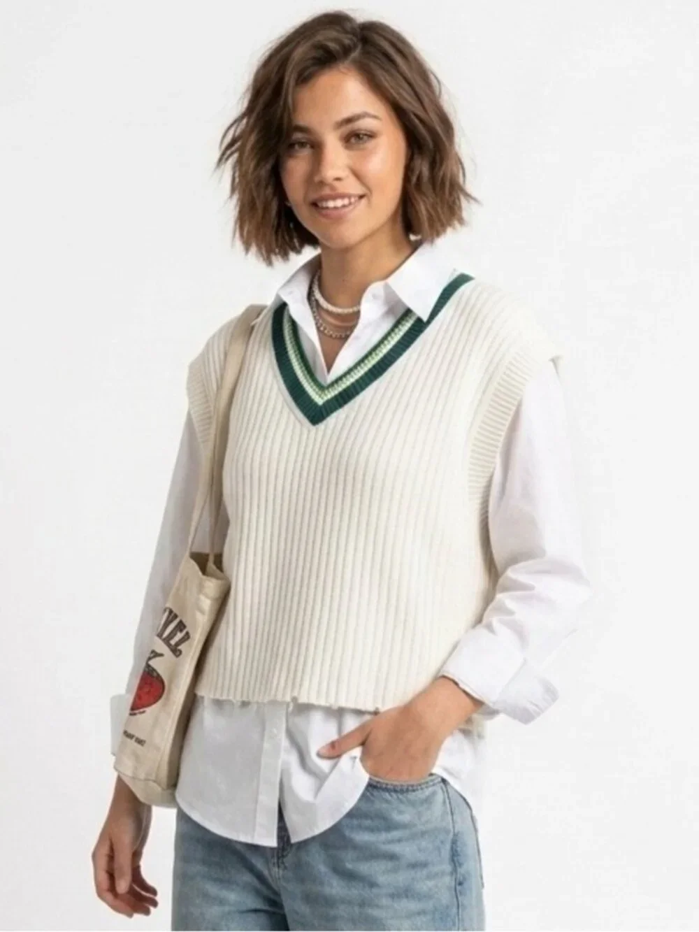 H&M White Boxy Fit Rib-Knit Striped Cricket Sweater Vest Medium - 626